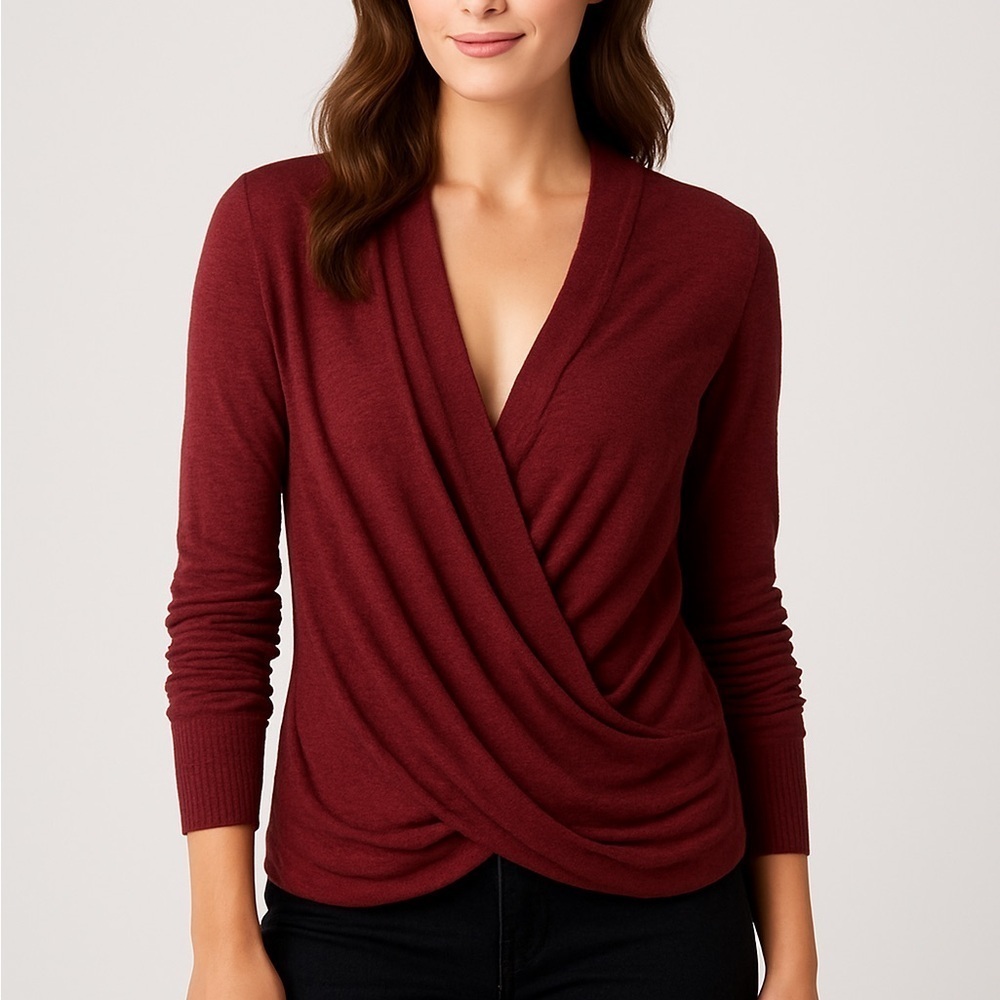 Soft Surroundings essential draped cotton linen crossover front top XS burgundy